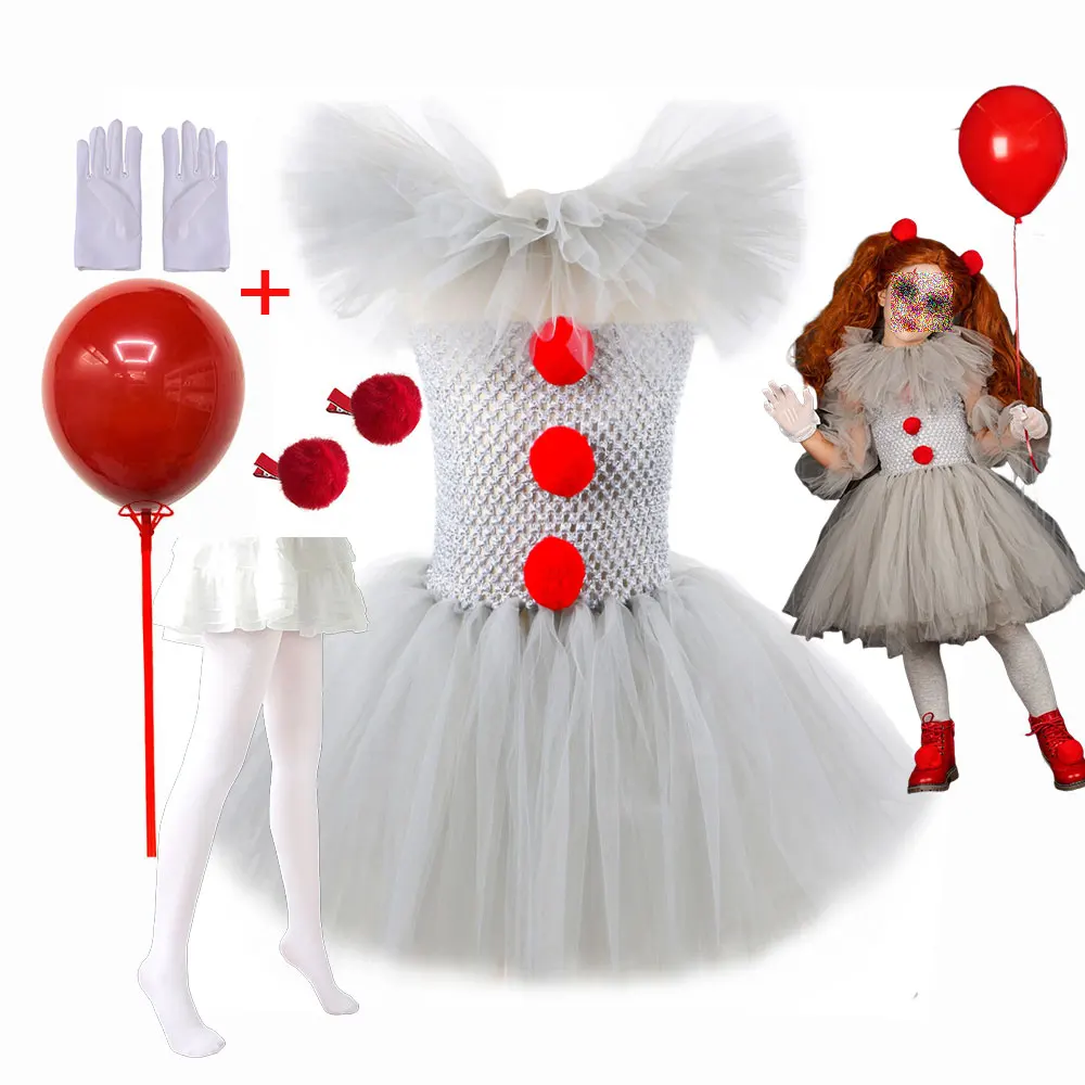 페니 와이즈에서 영감을 받은 끔찍한 생물 광대 투투 드레스 키즈 조커 코스프레 의상 헤어핀 장갑 소녀 할로윈 의상