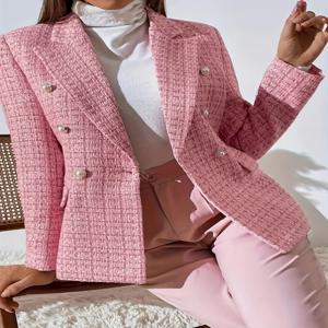 새로운 플래드 프린트 더블 브레스티드 수트 재킷, 세련된 체크 무늬 포멀 아우터웨어, 전문적인 환경에 적합