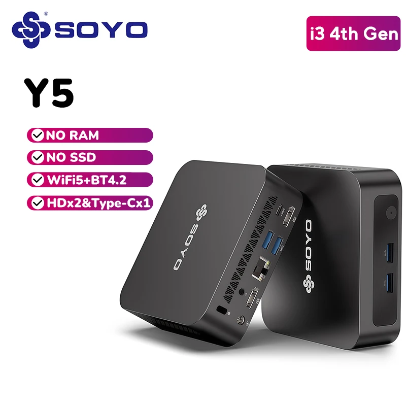 SOYO Y5 미니 PC 인텔 4세대 i3 2×HDMI 타입-C 4×USB3.0 WiFi5 BT4.2 M.2 SSD RAM 미포함 SSD 미포함 OS 미포함 홈 미니 데스크탑 컴퓨터