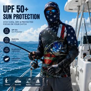 남성용 UPF50+ 기능성 낚시 후드티, 마스크 포함, 빠른 건조 기능, 긴 소매, 자외선 차단 기능, 미국 국기 디자인, 배스 낚시, 보트 타기, 요트, 해변 낚시에 적합