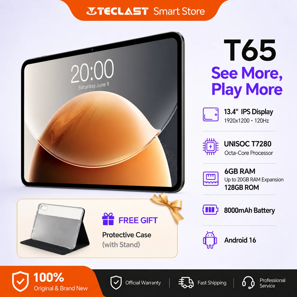 TECLAST T65 13.4인치 안드로이드 16 태블릿, 26GB(6GB+20GB) RAM, 128GB ROM, T7280 8코어 프로세서, 120Hz FHD 디스플레이, 8000mAh 배터리, 4G LTE, 듀얼 SIM, GPS, Widevine L1 지원