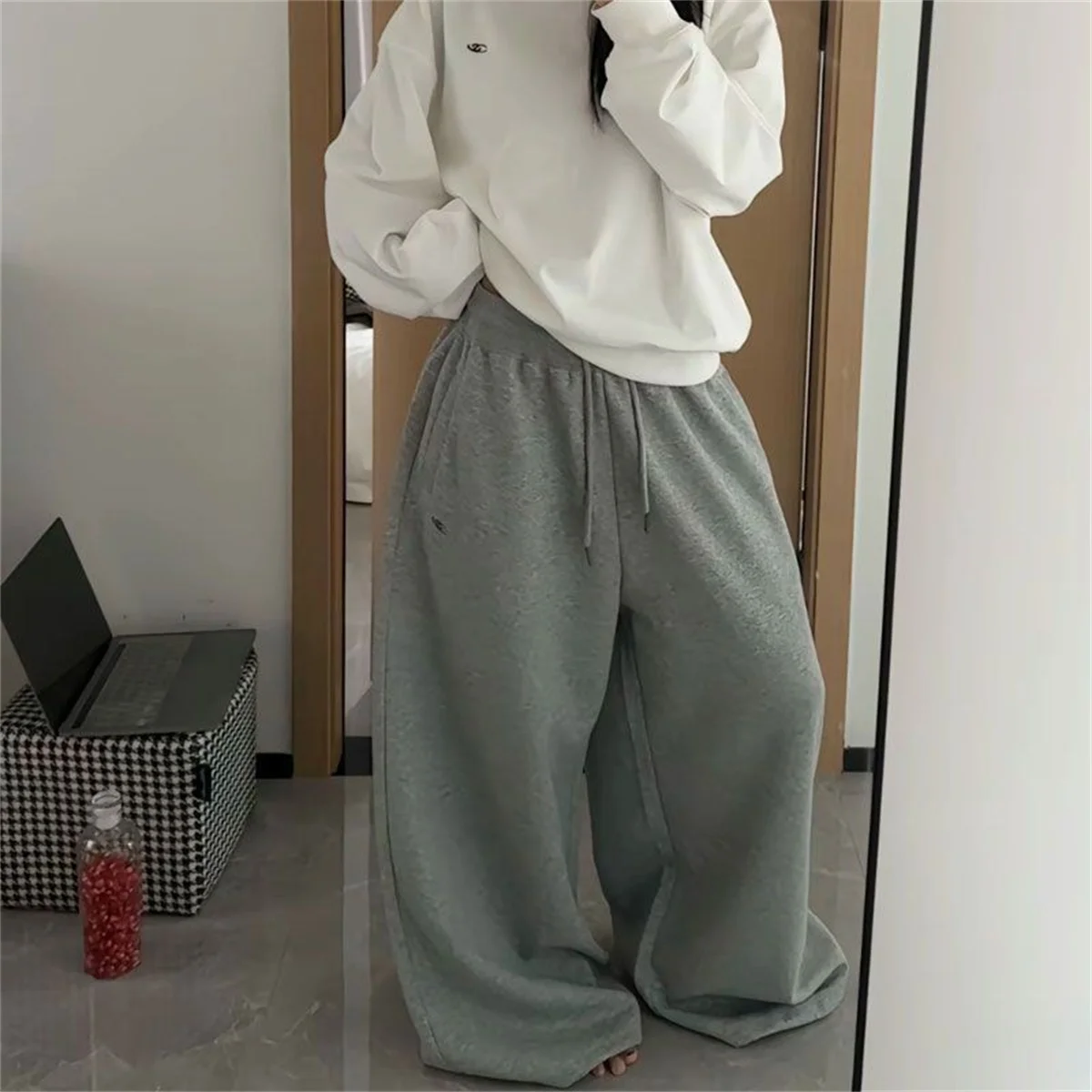 오버 사이즈 여성 그레이 블랙 스웨트 팬츠 Y2K 한국 streetwear 루즈 캐주얼 조깅 바지 하이 웨이스트 올 매치 드로우 스트링 바지