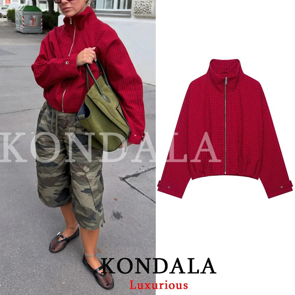 KONDALA 하이 스트리트 캐주얼 시크 레드 여성 봄버 재킷 플래드 스탠드 칼라 지퍼 루즈 재킷 패션 2026 가을 겨울 재킷