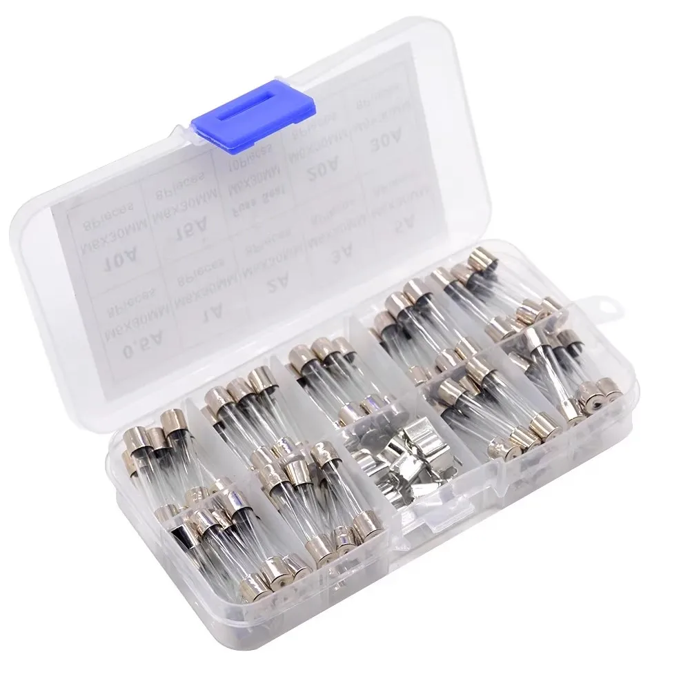 72개 6x30mm 유리 퓨즈 모듬 0.5A-30A 6*30mm 퓨즈 튜브(브래킷 포함) 전기 안전 및 보호용 샘플 박스