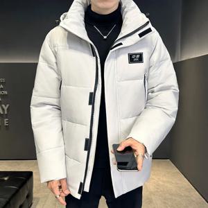 남성용 겨울용 단색 흰색 오리털 패딩 재킷, 겨울용 신제품, 방풍 기능이 있으며 따뜻하고 세련된 스타일의 캐주얼 후드 재킷