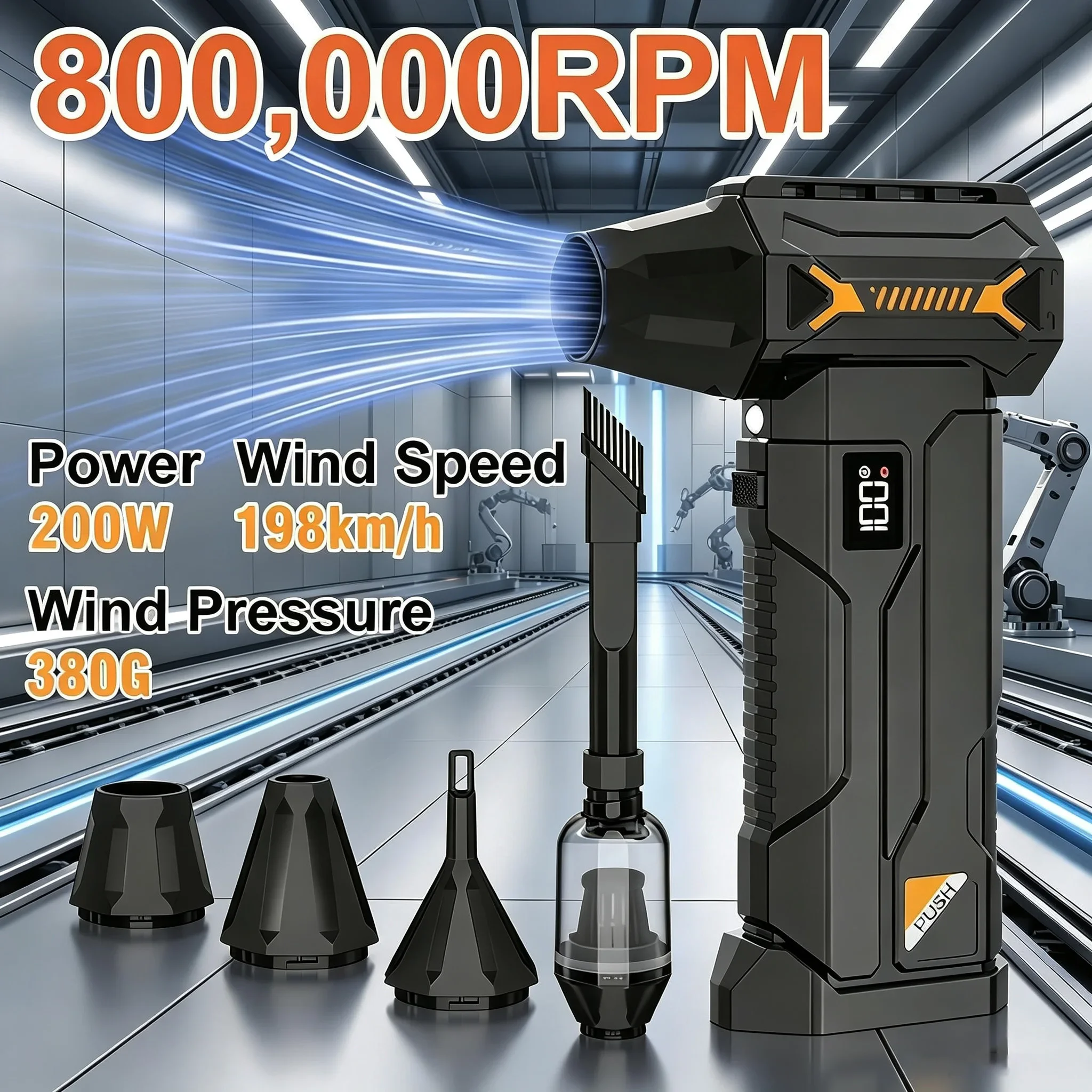 800000RPM 브러시리스 터보 제트 송풍기 200W 380G 고풍압 풍속 198km h 4단계 풍속 조절 금속 덕트 LED 디지털 배터리 표시 보조등 내장 8000mAh 대용량 배터리 Type C 충전 무선 인체공학 그립 휴대용 차량 청소 pc 키보드 먼지 제거 반려동물 건조 캠핑 바베큐 착화 공기 주입 낙엽 청소 다용도 송풍 청소 도구