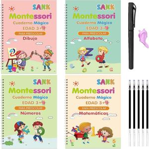 4 권 스페인어 서예 노트의 마법 쓰기 카피 북 몬테소리 재사용 가능한 교육 서예 편지 연습