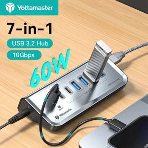 요타마스터 10Gbps 허브 USB 3.2 도킹 스테이션 데이터 전송 7포트 어댑터 PD 60W 타입-C USB A 스플리터 (PC, 노트북, 키보드용)