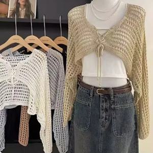 크로 셰 뜨개질 자르기 타이 프론트 카디건 여성 긴 소매 쉬어 OpenKnit 볼레로 어깨 걸이 탑 여름 해변 비키니 커버 Y2K 복장