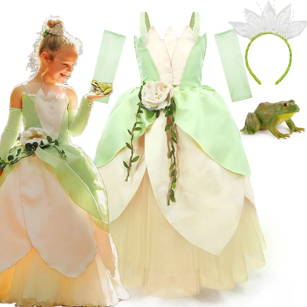 2024 멋진 공주와 개구리 이야기 코스프레 키즈 공주 볼 가운 오프 어깨 티아나 디럭스 로얄 Frock Girls Prom Party Costume
