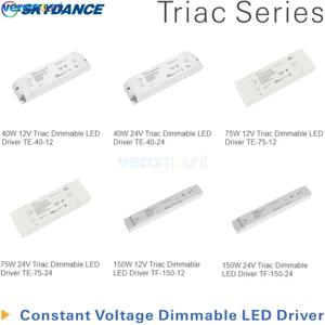 스카이댄스 40W, 75W, 150W 트라이액 방식으로 조광 가능한 CV LED 드라이버 TF-150-24, TE-75-24, TE-40-24, TF-150-12. 트라이액 방식으로 AC 전원을 12V, 24V DC 전원으로 변환하여 조광 가능.