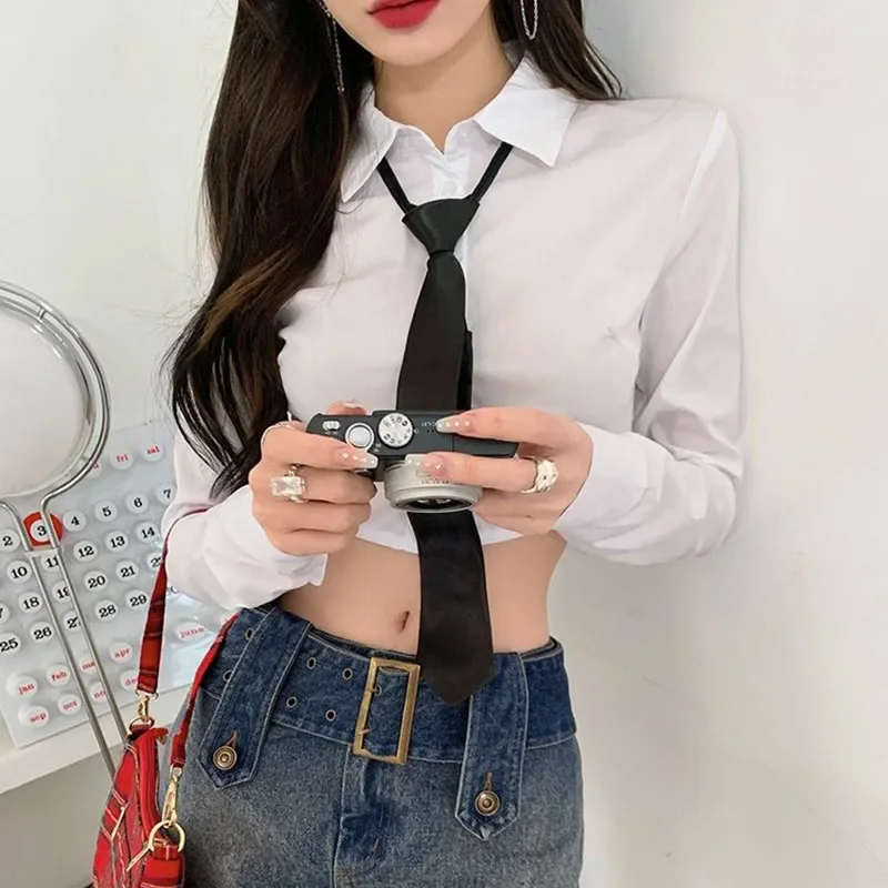 Lucyever 여성용 화이트 크롭 셔츠, 섹시한 슬림 프레피 스타일 JK 타이 블라우스, 긴팔 셔츠, 한국 2025 용수철, 신상