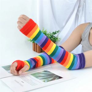 여성용 긴 소매 팔 워머 코스프레 레인보우 니트 커프스 장갑, 다채로운 줄무늬 소매, 휴일 파티 레이디 팔 커버, 겨울