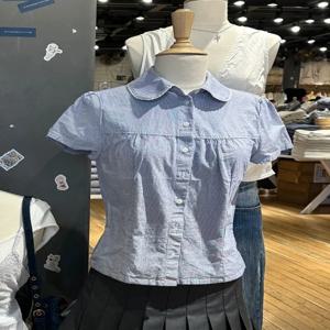 블루 스트라이프 슬림 티셔츠 블라우스 여성용 여름 피터팬 칼라 싱글 브레스티드 반소매 티셔츠 스위트 프레피 스타일 코튼 티셔츠