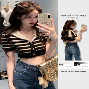 프레피 스타일 니트 반팔 탑 허리 조절 네이비 스트라이프 디자인 여름 패셔너블 여성 티셔츠 귀엽고 달콤한 핏