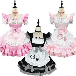 S-5XL 블랙 핑크 귀여운 로리타 섹시한 고양이 메이드 복장 앞치마 드레스 벨 초커 애니메이션 코스프레 의상 여성 커피 웨이트리스 유니폼