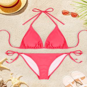 2Pcs 순수 컬러 여성 비키니 세트 섹시한 홀터넥 사이드 레이스 업 Beachwear 2025 새로운 여름 수영복 조정 가능한 여성 수영복