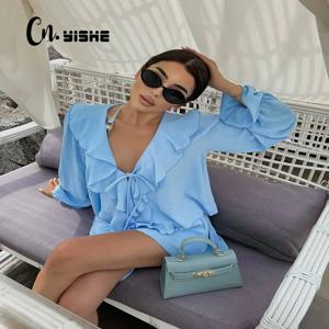 CNYISHE 솔리드 V 넥 긴 소매 레이스 업 여성 세트 휴일 칼집 패션 정장 여성 섹시한 클럽 2 피스 (탑 + 스커트) 트렌디