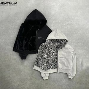힙합 신상 양면 의류 하라주쿠 레트로 레오파드 프린트 패셔너블 루즈 지퍼 후디 남성 스트리트 캐주얼 스웨트셔츠 여성용
