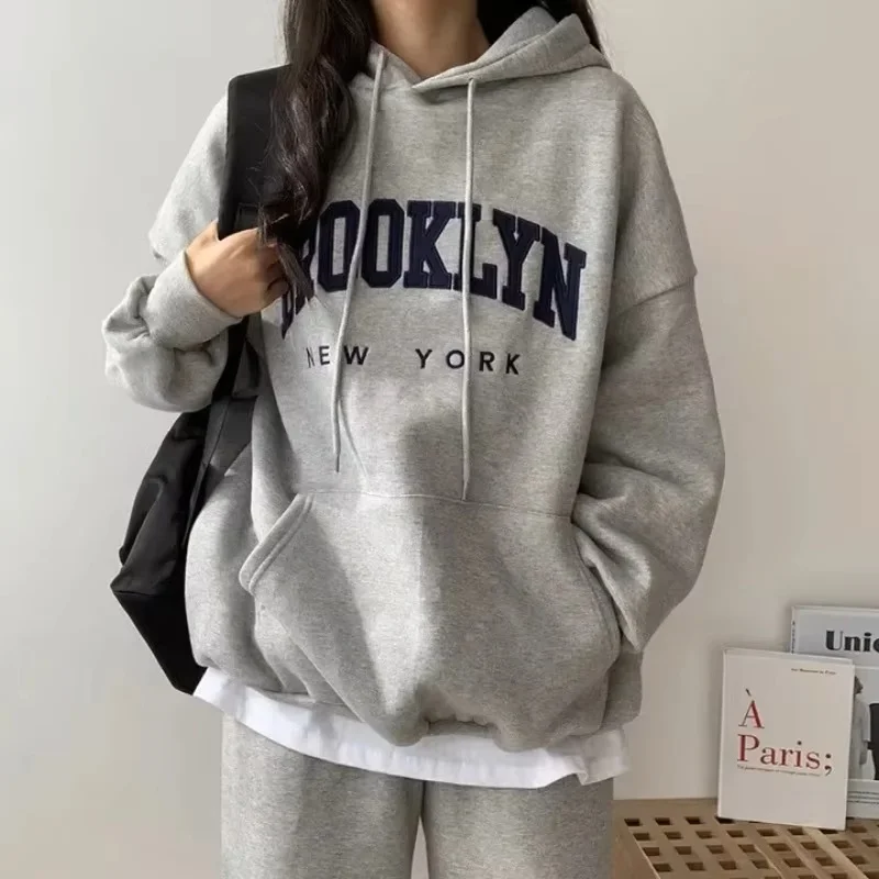 미국 스타일 프린트 레터 후드 스웨트셔츠 여성용 루즈핏 두꺼운 플리스 안감 크로스보더 의류