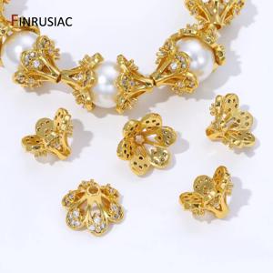 18K 금도금 황동 속이 빈 꽃 모양 비즈 캡, 지르콘 인레이 스페이서 비즈 엔드 캡 DIY 팔찌 목걸이 제작 액세서리