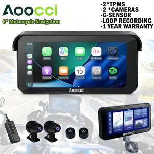 Aoocci C6PRO 오토바이용 GPS, 6.25인치 무선 CarPlay 및 Android Auto 지원, GPS 내비게이션, 듀얼 블루투스, DVR 블랙박스, TPMS.