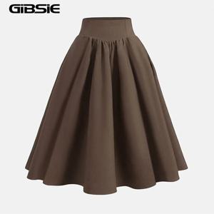 GIBSIE 플러스 사이즈 솔리드 레이스 업 하이 웨이스트 A 라인 스커트 여성 봄 우아한 빈티지 올 매치 여성 빅 스윙 롱 스커트