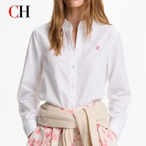 CH 여성용 화이트 자수 로고 셔츠 포인트 칼라 긴소매 레귤러 핏 오피스 블라우스