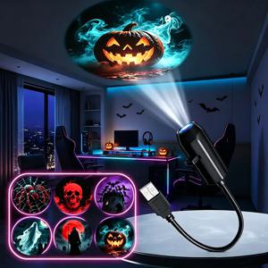 USB 할로윈 프로젝터 라이트 6 패턴 미니 LED 무서운 프로젝션 램프 휴대용 분위기 조명 홈 자동차 파티 장식