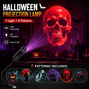 할로윈 USB LED 프로젝션 램프, 6가지 패턴의 유령, 박쥐, 해골, 거미 프로젝터 조명, 파티룸 창문 장식용