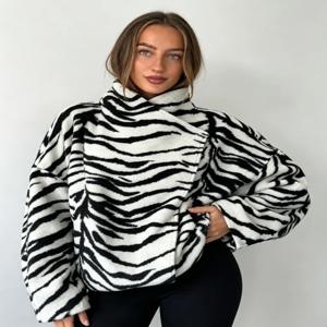 여성용 얼룩말 무늬 숏 재킷 비대칭 칼라 랩 프론트 루즈핏 긴소매 아우터웨어 시크 캐주얼 가을 데일리 스트리트 아웃핏