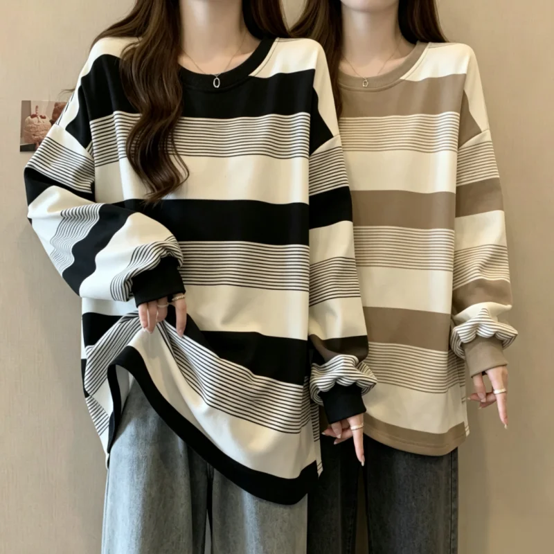 40-90KG 플러스 사이즈 레트로 스트라이프 긴팔 티셔츠 오버사이즈 캐주얼 루즈핏 가을 여성 의류 스웨트셔츠 상의 스트리트웨어 트렌드