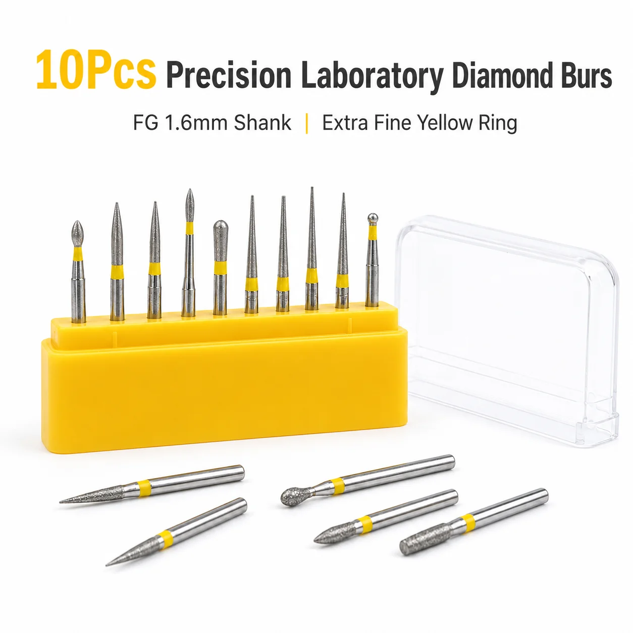 10개입 정밀 실험실 다이아몬드 버 FG 1.6mm 샹크 초미세 노란색 링 연마 세트 (정밀 실험실 마무리용)