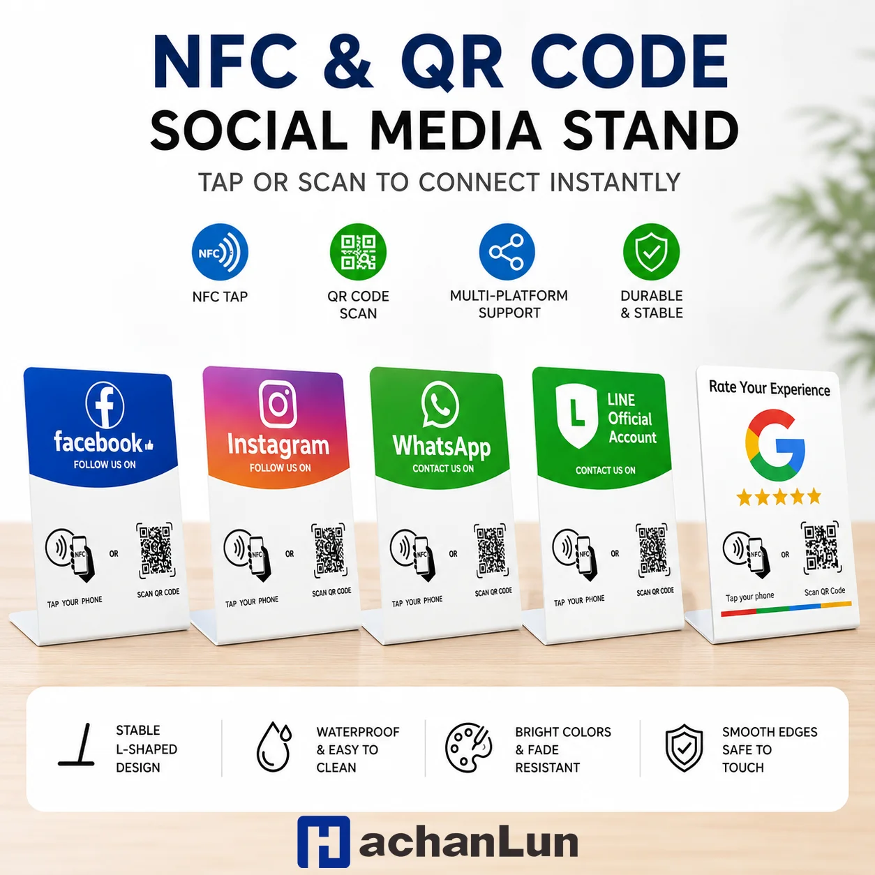 NFC QR 코드 소셜 미디어 스탠드 다중 플랫폼 PVC 디스플레이 표지판 (인스타그램, WhatsApp, 페이스북, 라인, 구글 리뷰 카드용)