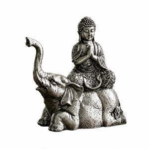 은색 조각으로 제작된 불상과 코끼리 장식품 세트. 장식용 선반, 사무실 책상, 불교 관련 가정 장식에 적합한 수공예품.