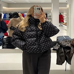 여성용 레트로 스타일의 도트 무늬 면 코트, 세련된 스탠드 칼라, 지퍼 디테일, 퍼프 소매, 루즈핏, 겨울용 ﻿ 새로운 여성 캐주얼 데일리 아우터