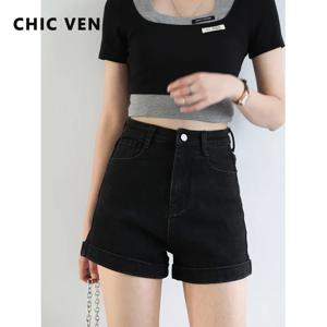 CHIC VEN 여성용 데님 반바지, 기본 빈티지 하이 웨이스트 커프스 A 라인 짧은 바지, 솔리드 레이디, 2025 여름