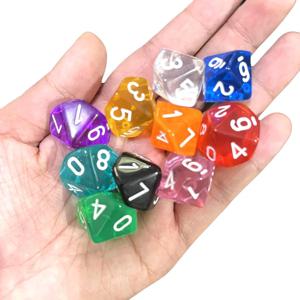 10pcs 10 양면 주사위 D10 보드 게임용 다면체 투명 투명 오지 0-9 번호 18mm RPG 주사위 가족 주사위
