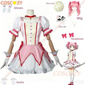 애니메이션 마법 소녀 Kaname Madoka 코스프레 의상 카와이 로리타 파티 카니발 핑크 드레스 짧은 가발 아이돌 Puella Magi Madoka