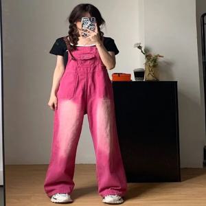 Y2k 핑크 헐렁한 청바지 작업복, 와이드 레그 팬츠 롬퍼, 캐주얼 레트로 데님 점프수트 바지, 여성 플레이수트, 여름 2023