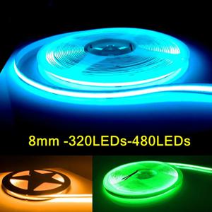 COB LED 스트립 조명 12V 24V 320 480 LED 유연한 테이프 8mm PCB 따뜻한 자연 흰색 고밀도 선형 조명 고휘도