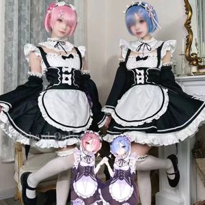 Ram 렘 로리타 메이드 코스프레 의상, 가발 페큘라 베스티도 애니메이션 Re:zero 카라 하지메루, 이세카이 세이카츠 코스프레, 할로윈 메이드 원피스