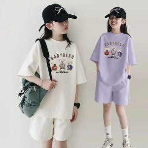 2026 여름 아동복 여아 스포츠 트레이닝복 티셔츠+반바지 세트 (곰돌이 프린트) 4 5 7 8 9 10 11 12세