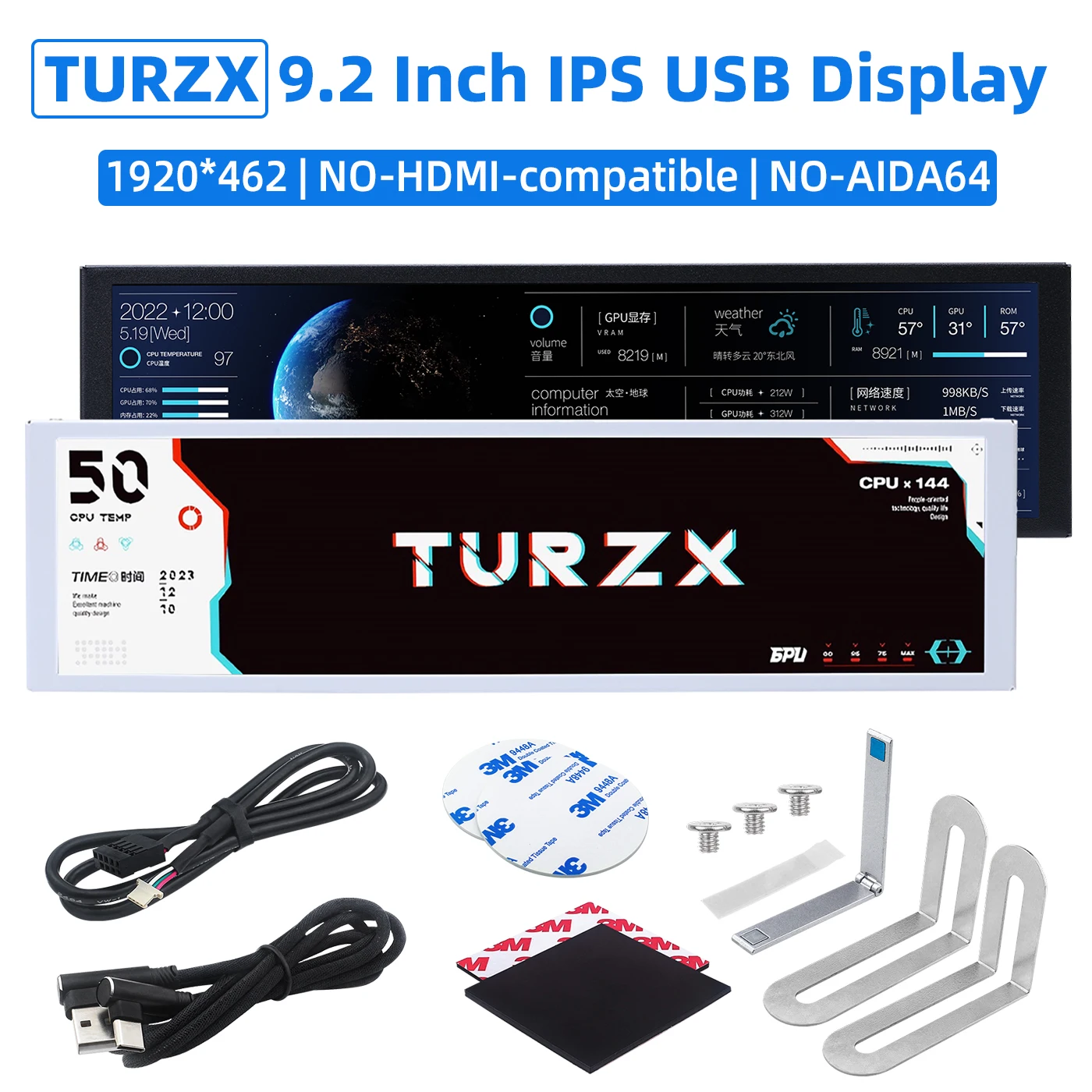 TURZX 9.2인치 IPS USB 스크린 1920x462 LCD 컴퓨터 CPU GPU RAM HDD 날씨 모니터 USB 디스플레이 PC Win7/10/11 AIDA64 미지원