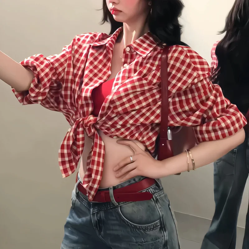 여성용 레드 레트로 체크무늬 반팔 셔츠, 2025년 여름 신상품, 캐주얼하고 넉넉한 핏의 상의