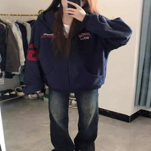 레트로 아메리칸 자수 후드 가디건 남녀공용 가을 겨울 신상품 다용도 커플 상의 통기성 좋은 면 소재