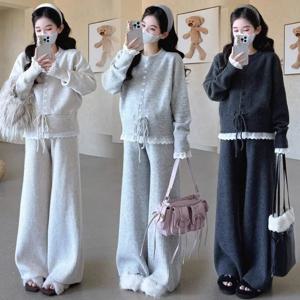 임산부의 가을, 겨울 의류 새로운 정장 패션 두꺼운 스웨터 재킷 탑 와이드 레그 바지 투피스 세트