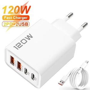 4포트 120W USB-C 고속 충전 스테이션, PD QC3.0 벽면 어댑터, 데이터 케이블 (아이폰, 삼성, 샤오미, 화웨이 호환), EU/미국/영국 플러그, 여행용