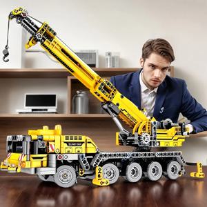 시티 시리즈 기계식 크레인 빌딩 블록 세트, 노란색 엔지니어링 크레인 모델, 움직일 수 있고, 회전 가능하며, 들어 올릴 수 있음, 수집가를 위한 생일 선물, 크리스마스 또는 할로윈 선물로 적합