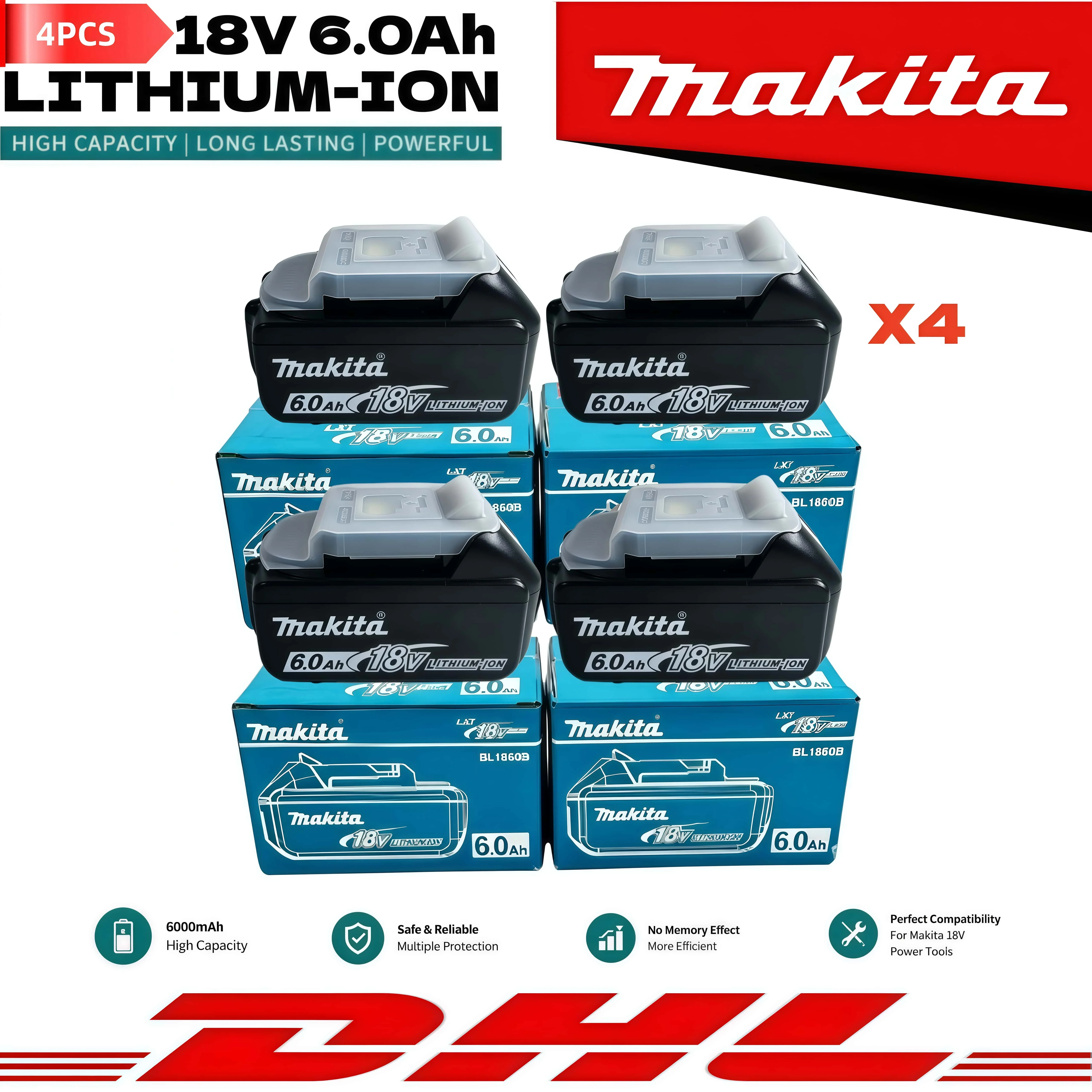 100% 정품 마키타 6.0Ah 18V 충전식 배터리, BL1860B 마키타 18V 배터리 BL1850 BL1840 BL1860 대체용 리튬 배터리